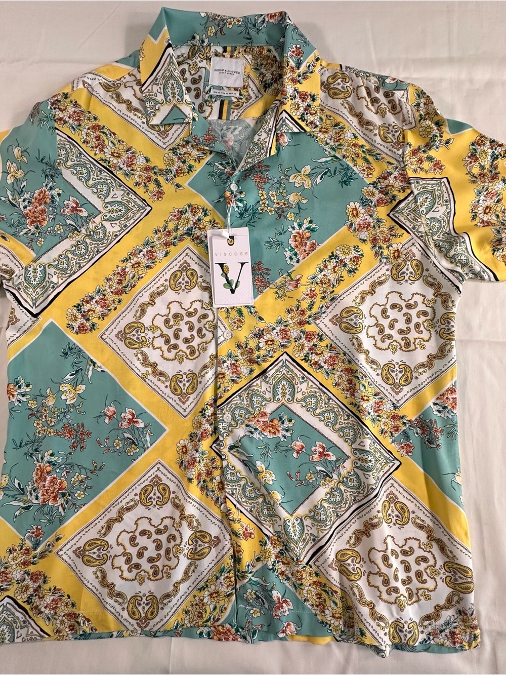 Denim & Flower Viscose Short Sleeve Button-Down Shirt - Teal & Yellow